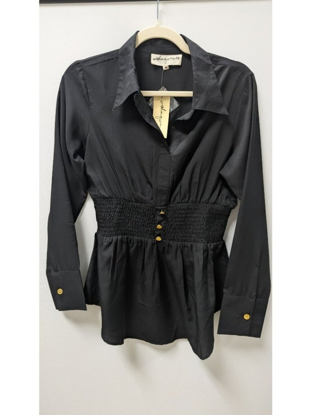 Wishing Waves Black Long-Sleeve Smocked Waist Blouse